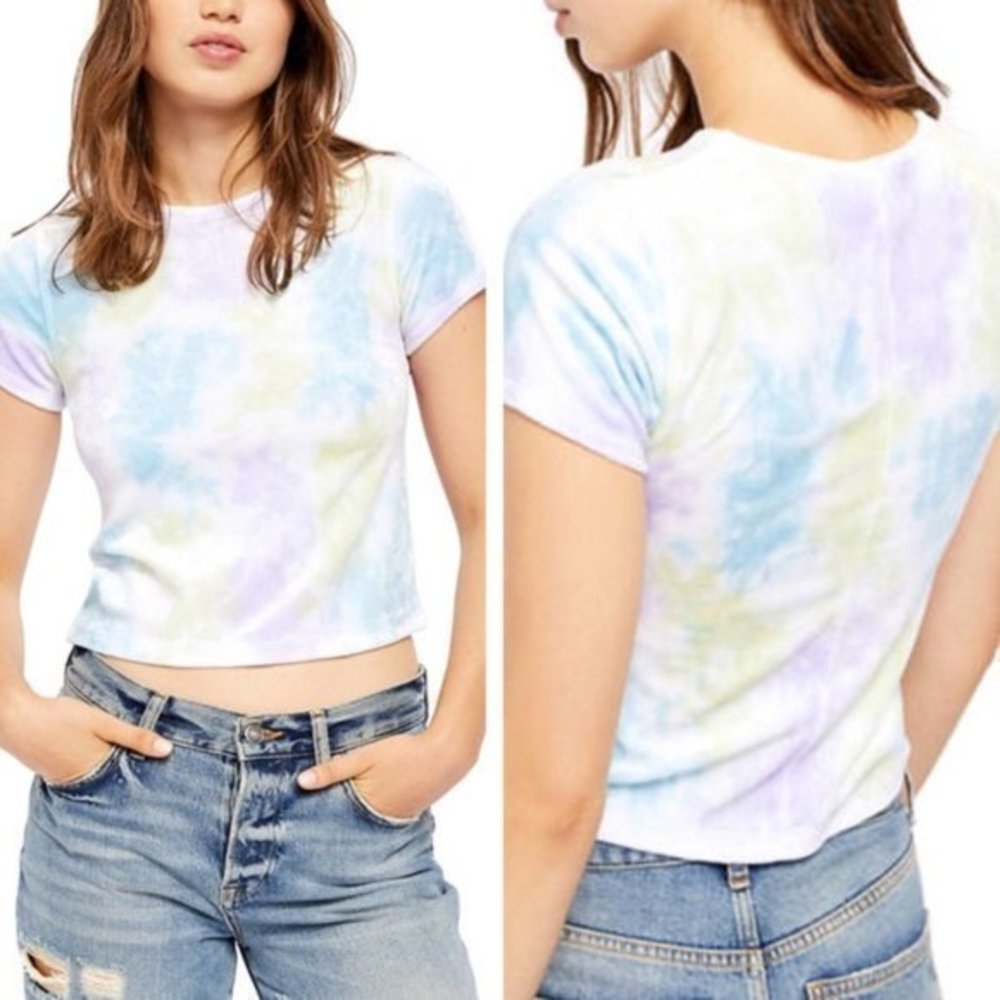 Free People Pastel Tie-Dye Short Sleeve Tee - Blue, Purple, Yellow